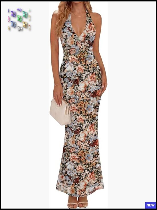 Dresses & Skirts - Halter Backless Maxi Dress Floral Mesh Bodycon Elegant Wedding Party Wear